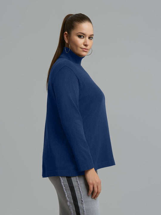 Indigo knit sweater with ribbed turtleneck and side drape, long sleeves