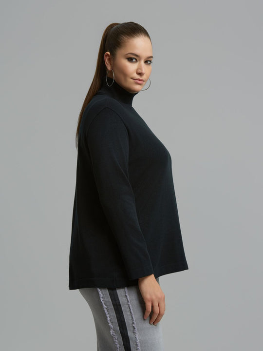 Black turtleneck sweater with long sleeves, side profile