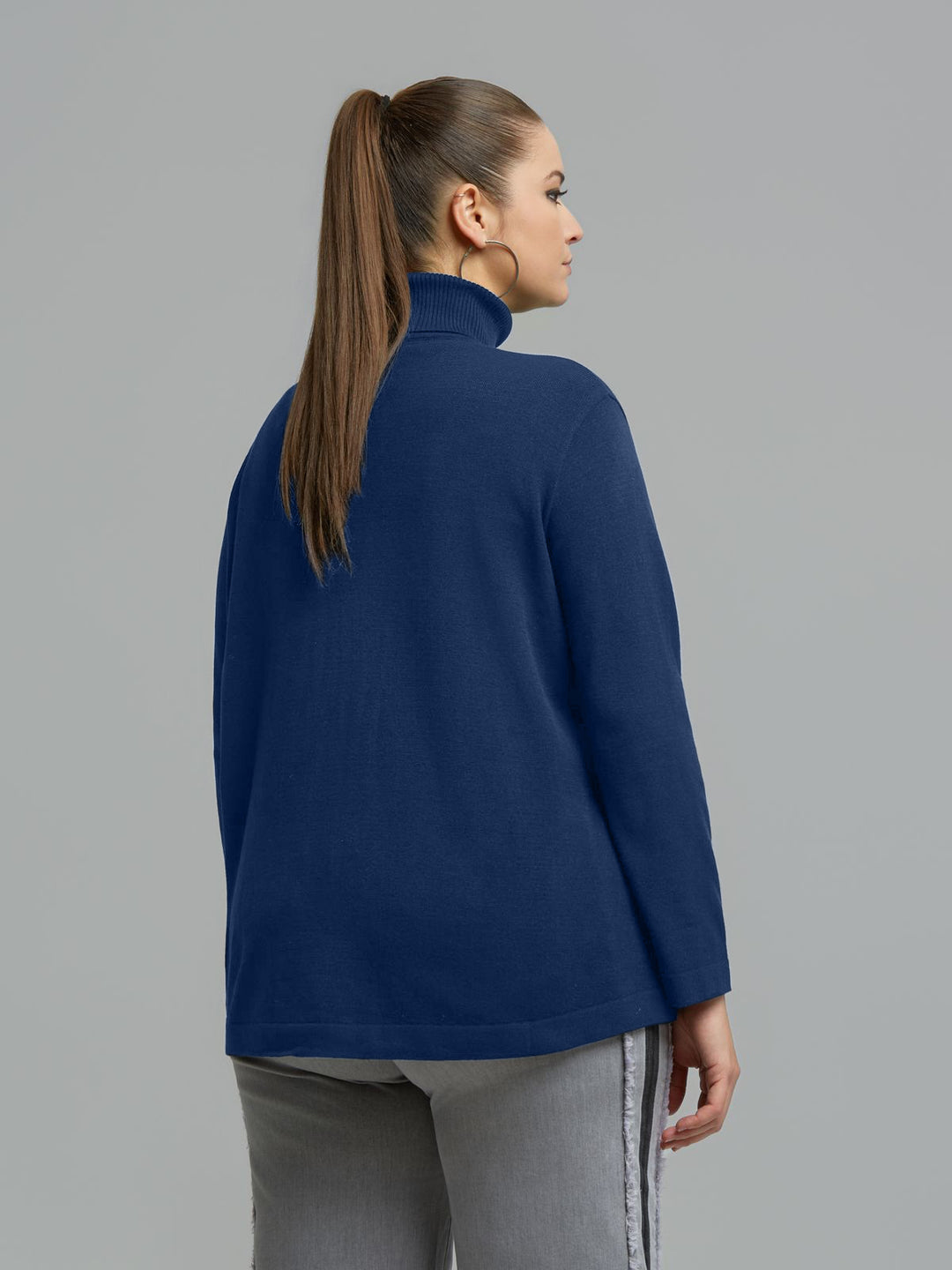 Indigo turtleneck sweater back view with long sleeves