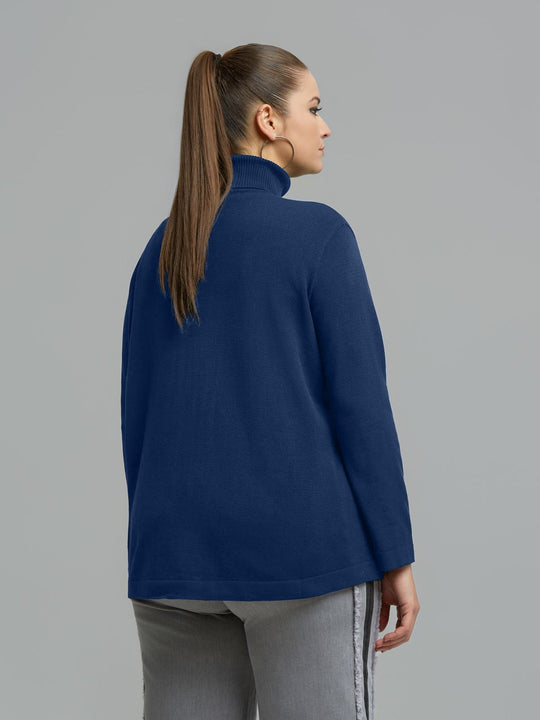 Indigo turtleneck sweater back view with long sleeves