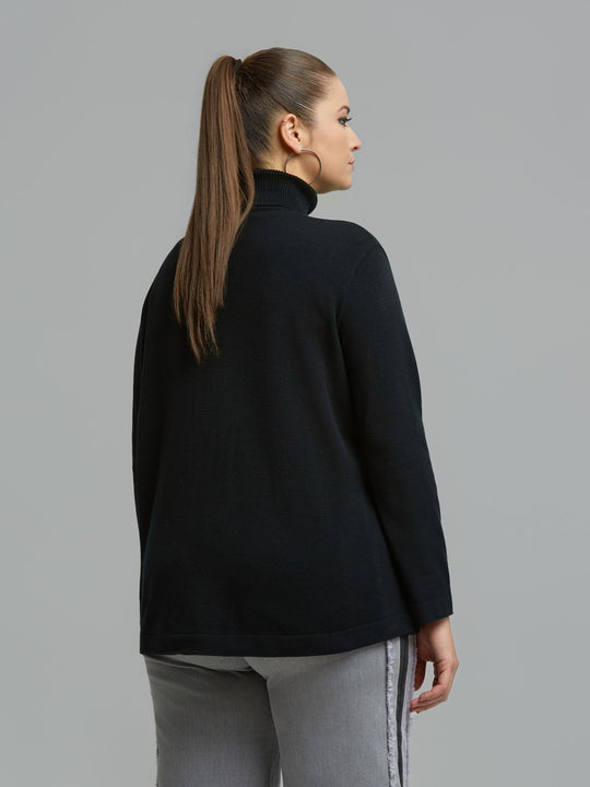 Black turtleneck sweater, long sleeves, side-back view