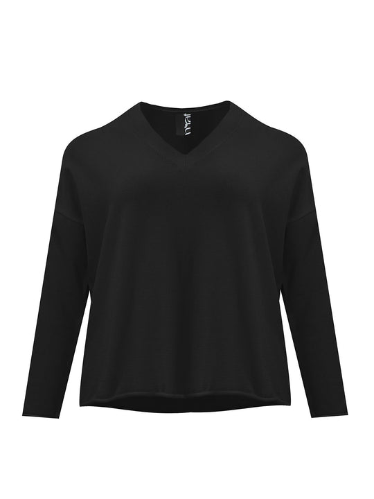 Black V-neck roll-hem sweater with long sleeves, flat lay front