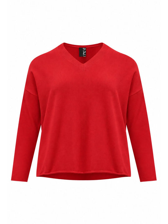 Red V-neck sweater with roll hem, long sleeves