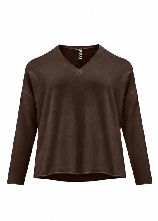 Brown V-neck knit sweater with long sleeves and V-neck