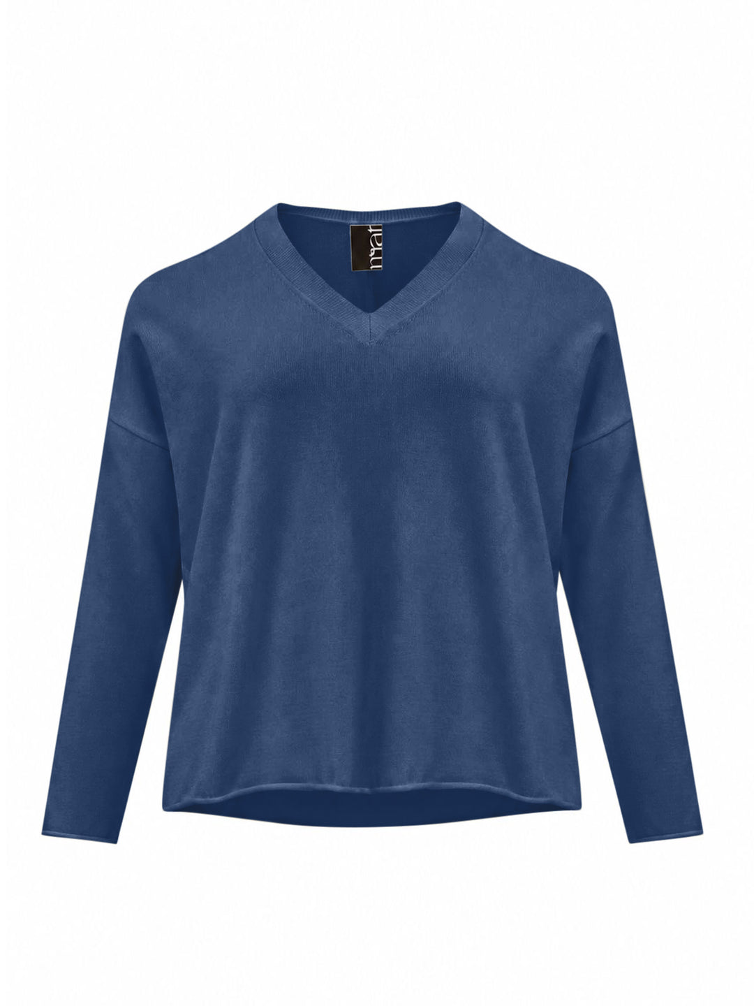 Indigo V-neck sweater with long sleeves and rolled hem