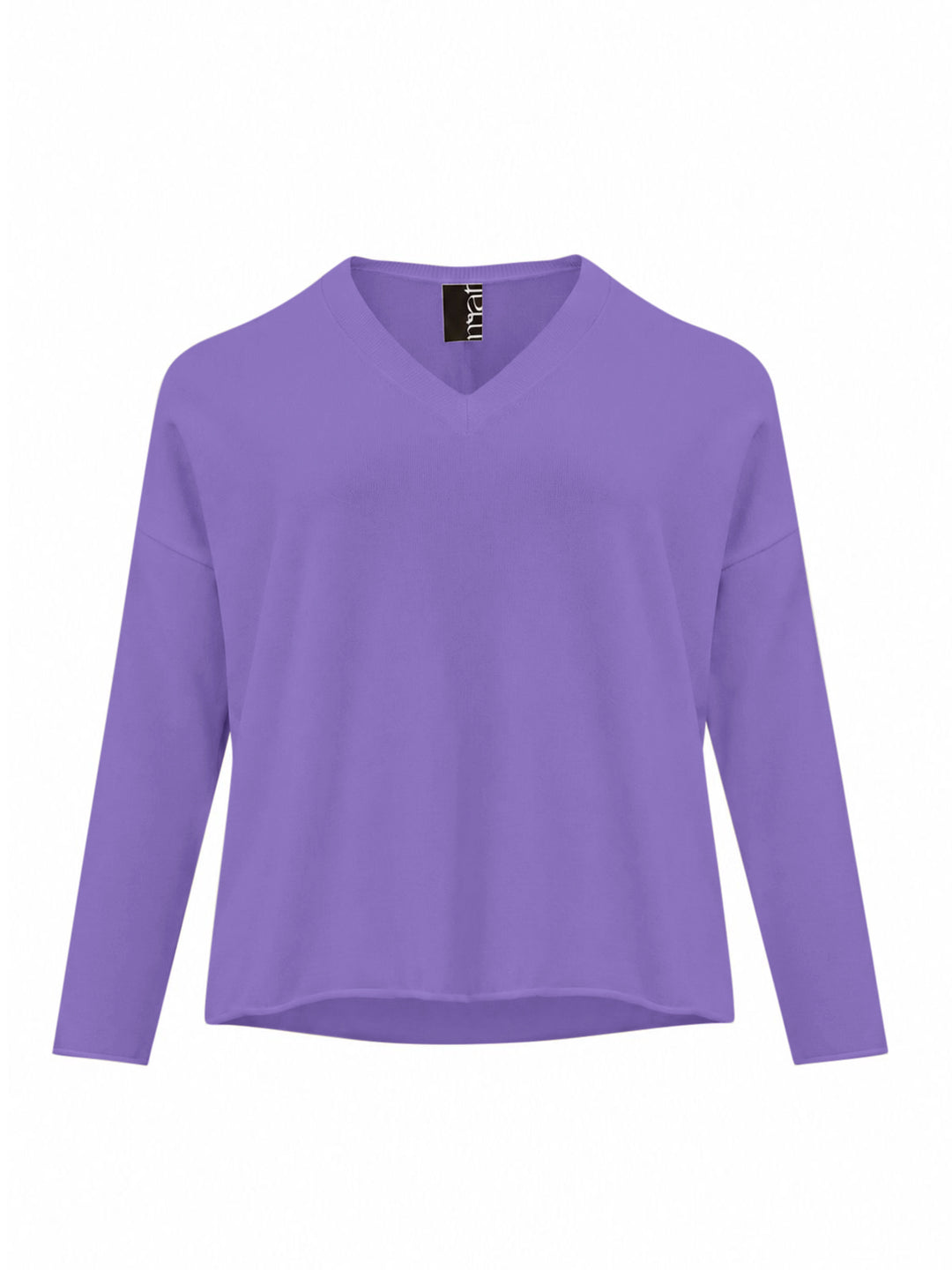 Lilac V-neck sweater with long sleeves and rolled hem, relaxed fit.