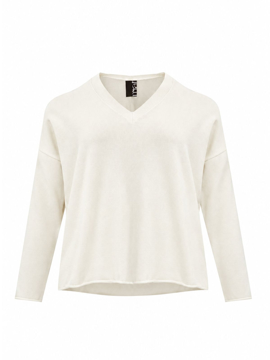 Off white V-neck knit sweater with long sleeves and folded hem detail