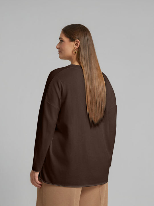 Brown V-neck sweater with long sleeves and back yoke detail