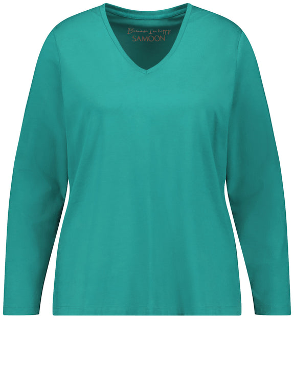 Samoon Long Sleeve V-Neck Modal/Cotton Tee in Emerald