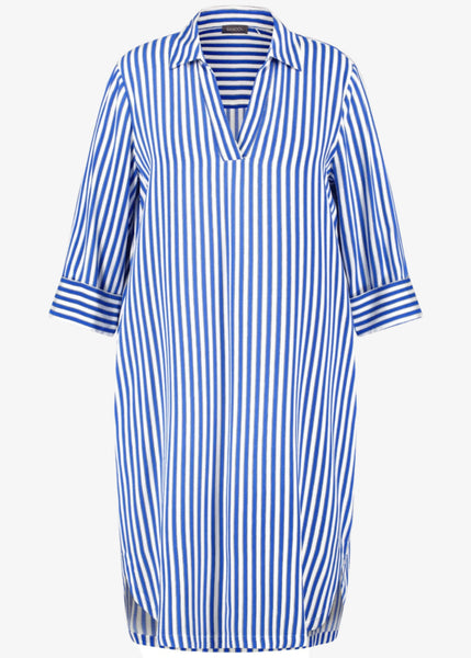 front view of Samoon plus size blue Striped viscose Shirt Dress With 3/4 Sleeve in Off-White
