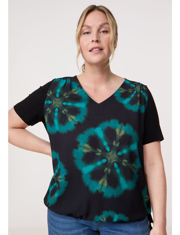 Samoon Short Sleeve Print Front/Jersey back top in Black Prt.