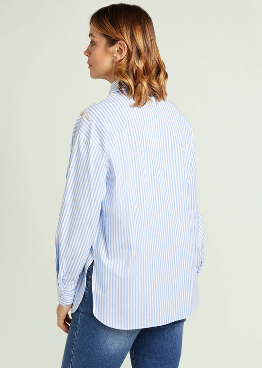 back view of plus size Luisa Viola Striped Shirt with Embroidery detail in Blue/Wht