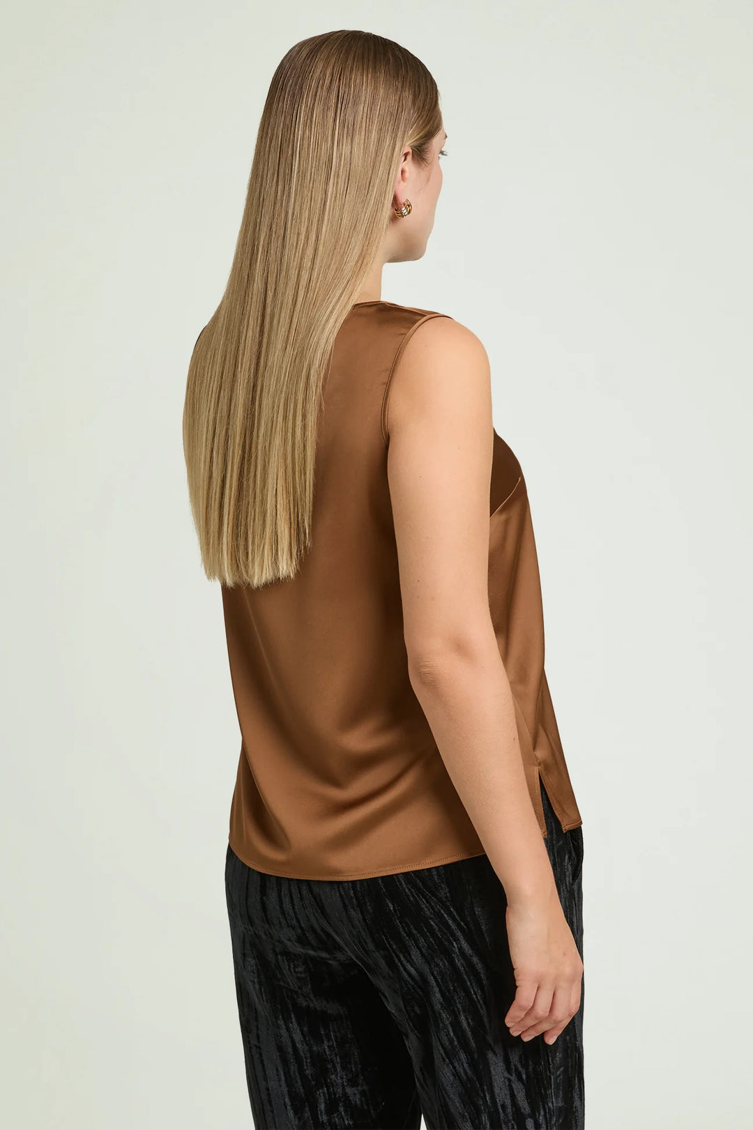 Satin sleeveless top with scoop back, brown-taupe satin sheen
