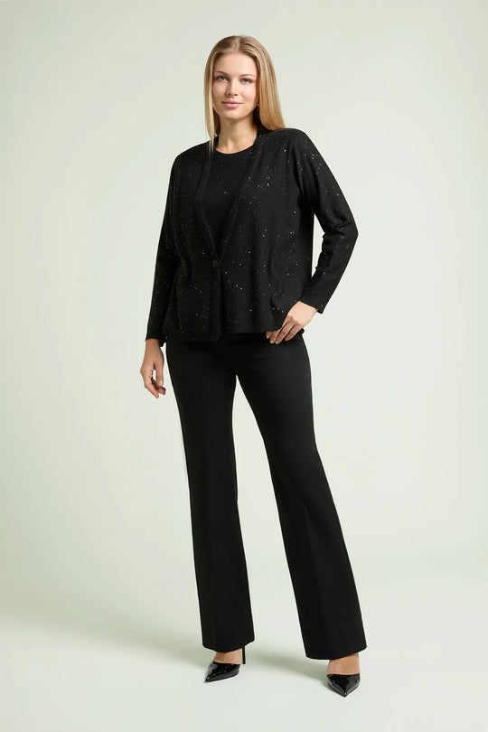 Black 2-in-1 twin set: long-sleeve top with open jacket and stone-like embellishments