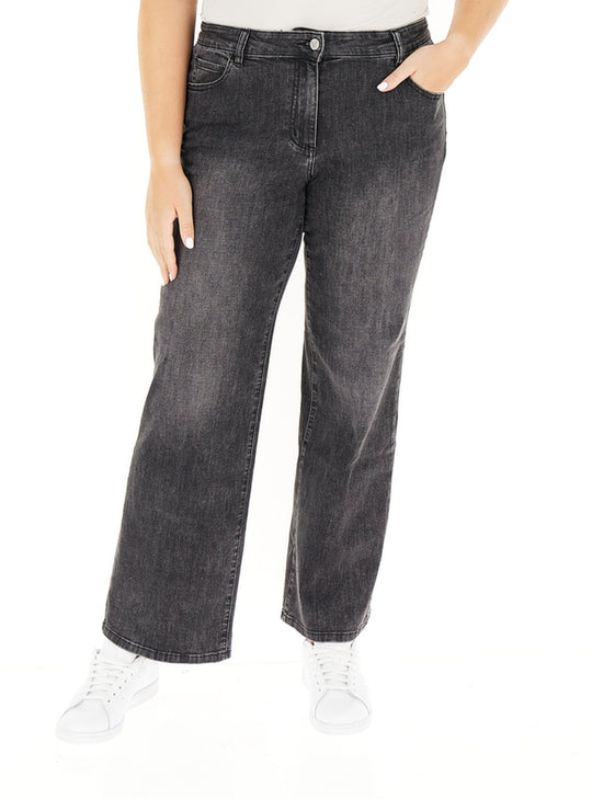 Women's wide-leg black-wash jeans with button front, belt loops, and pockets