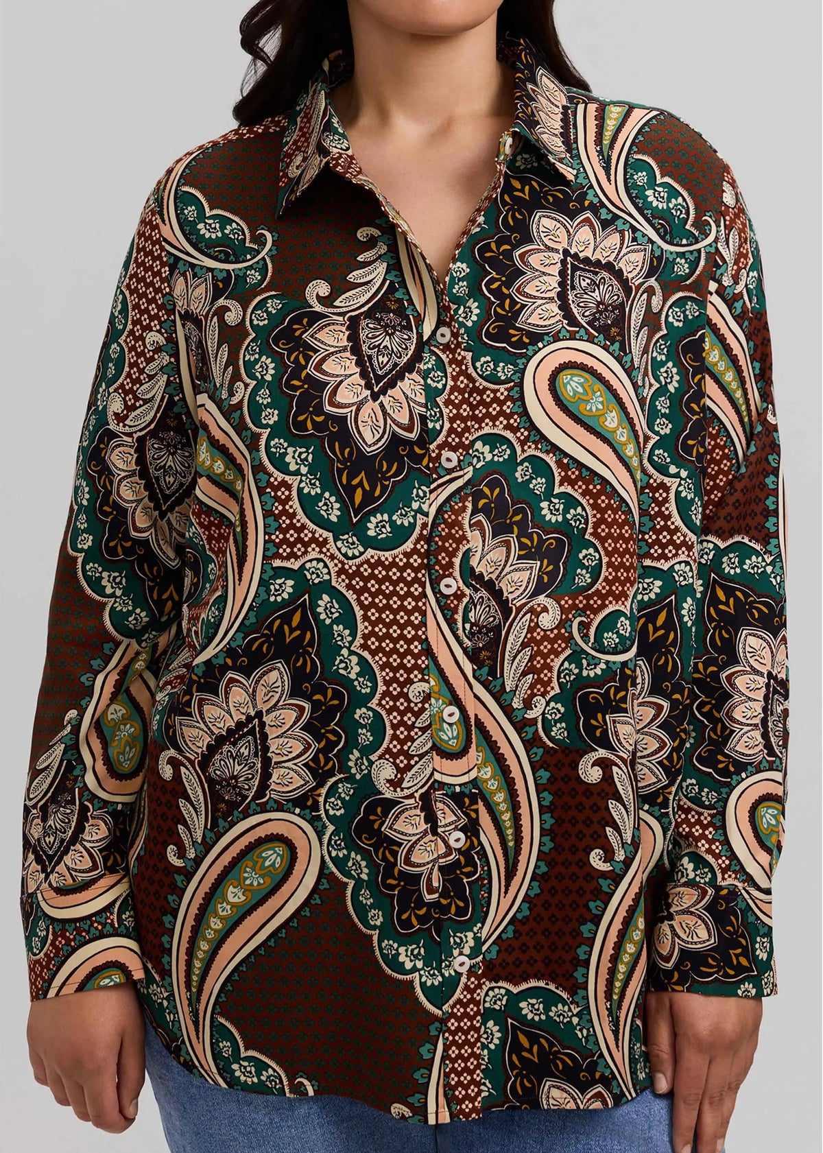 Multi paisley long-sleeve button-up shirt with collar and button front