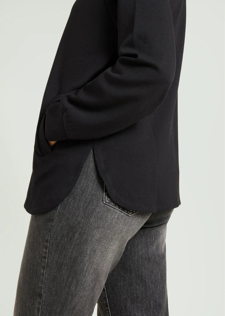 side view of plus size Luisa Viola Scuba Jersey Zip front Hoodie in Midnight