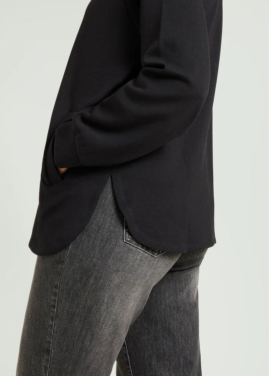 side view of plus size Luisa Viola Scuba Jersey Zip front Hoodie in Midnight