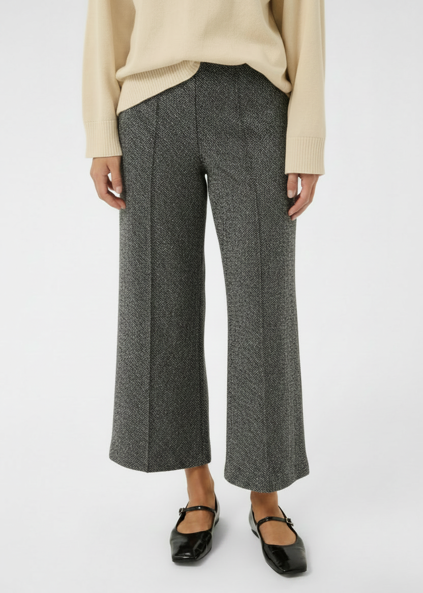 Salt-and-pepper cropped wide-leg pull-on pants with stretch, easy fit