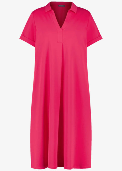 front view of Samoon plus size cotton Polo Collar Short Sleeve Midi Dress in Barberry Red