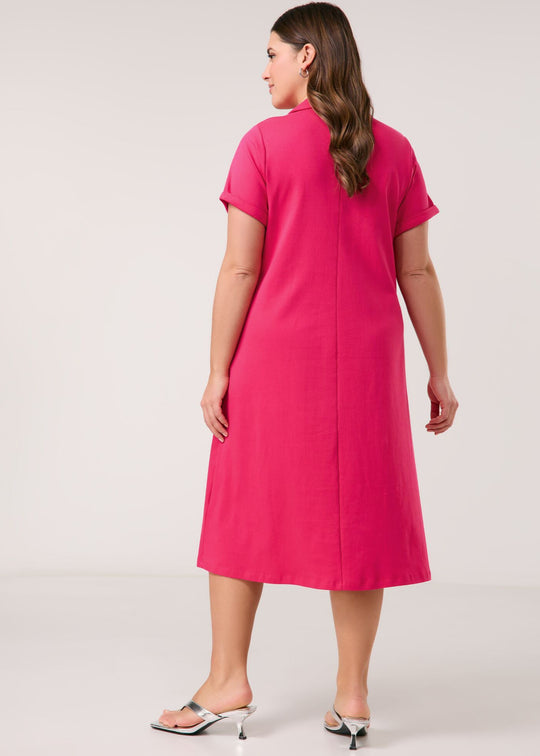 back view on model of Samoon plus size cotton Polo Collar Short Sleeve Midi Dress in Barberry Red