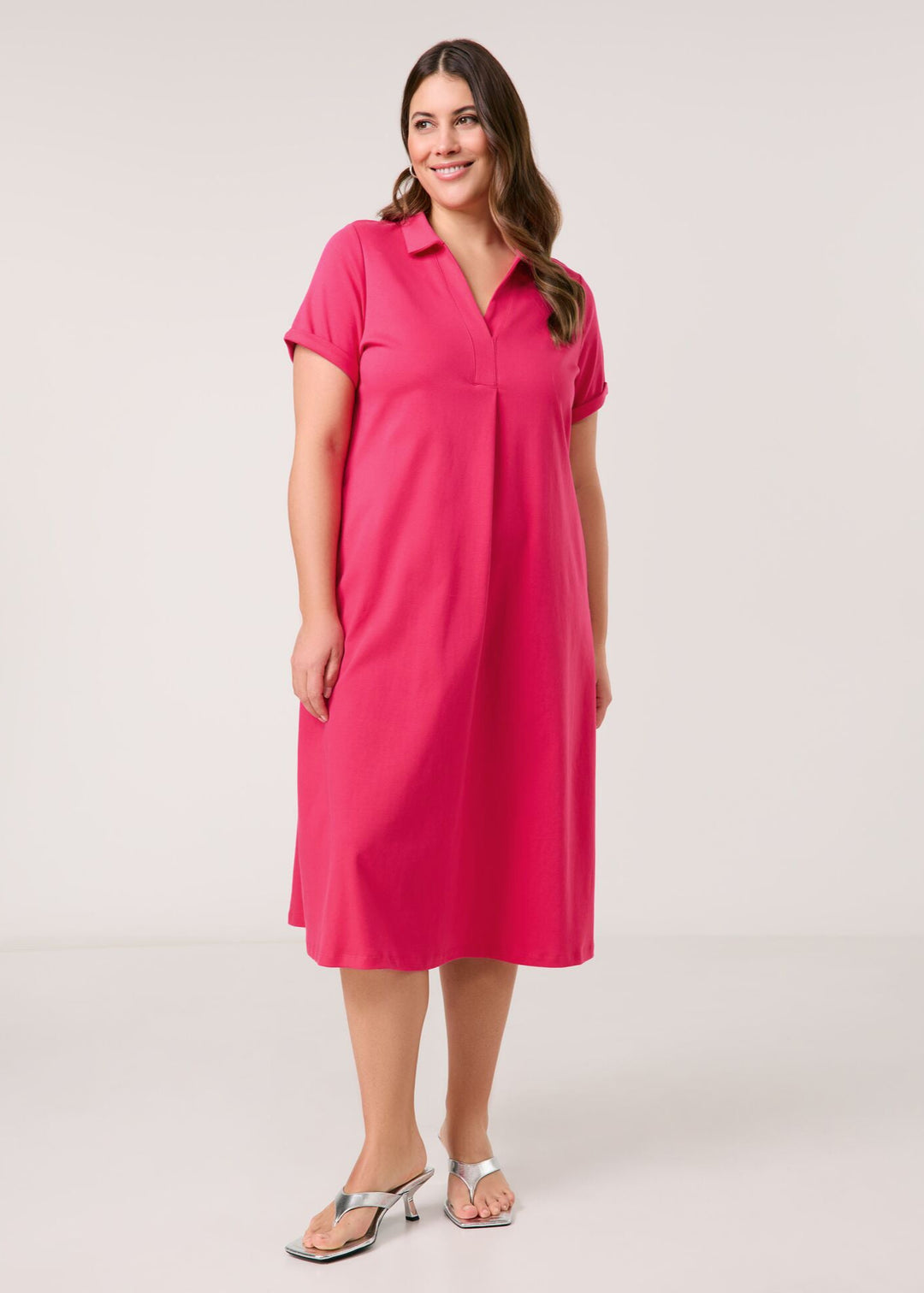 front view on model of Samoon plus size cotton Polo Collar Short Sleeve Midi Dress in Barberry Red