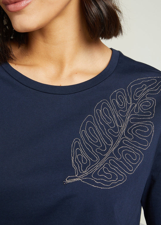 front view of plus size Luisa Viola Short Sleeve Tee with Leaf Motif in Navy
