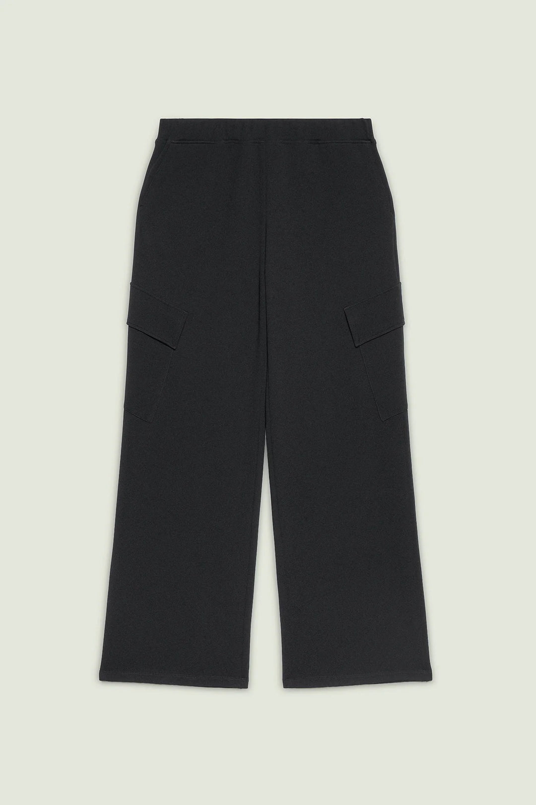 Black wide-leg cargo pants with two side flap pockets, flat lay
