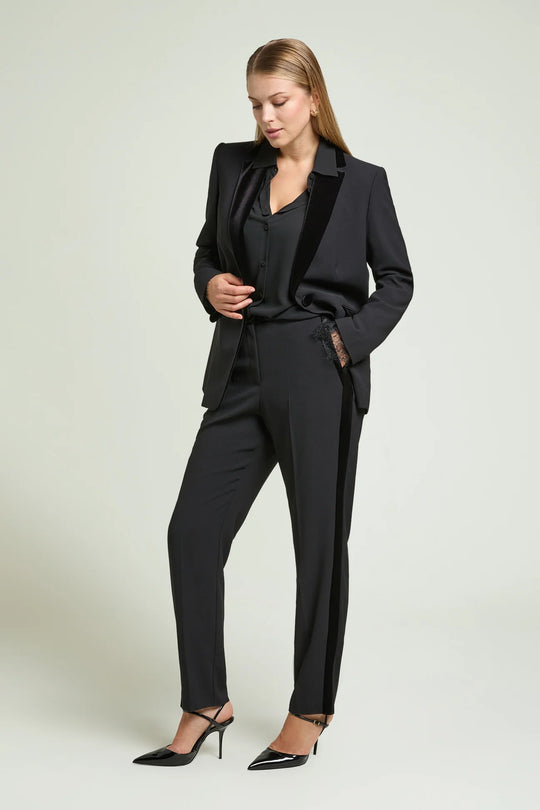 Black tuxedo crepe pants with side velvet stripe, slim straight leg, ankle length