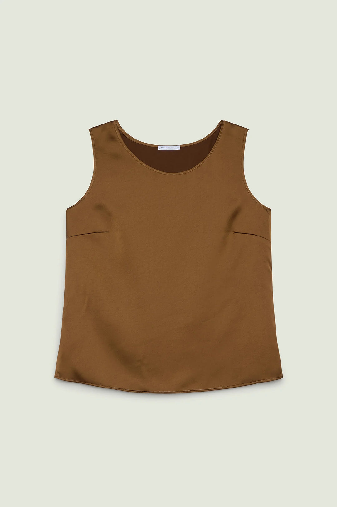 Brown satin sleeveless top with crew neck and two chest patch pockets