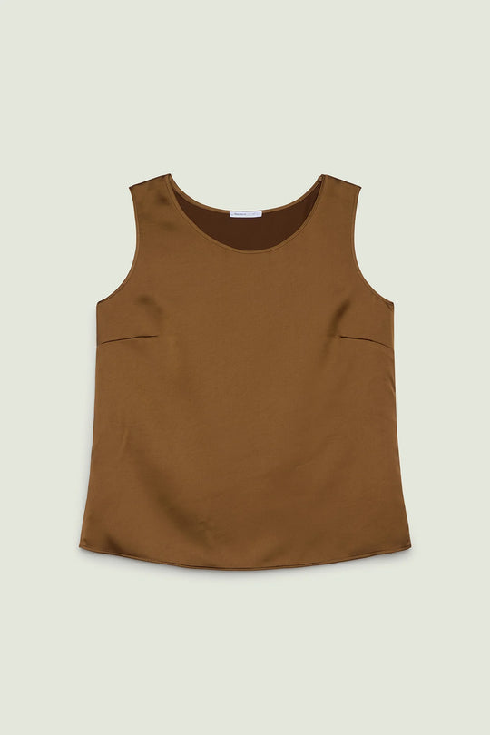 Brown satin sleeveless top with crew neck and two chest patch pockets