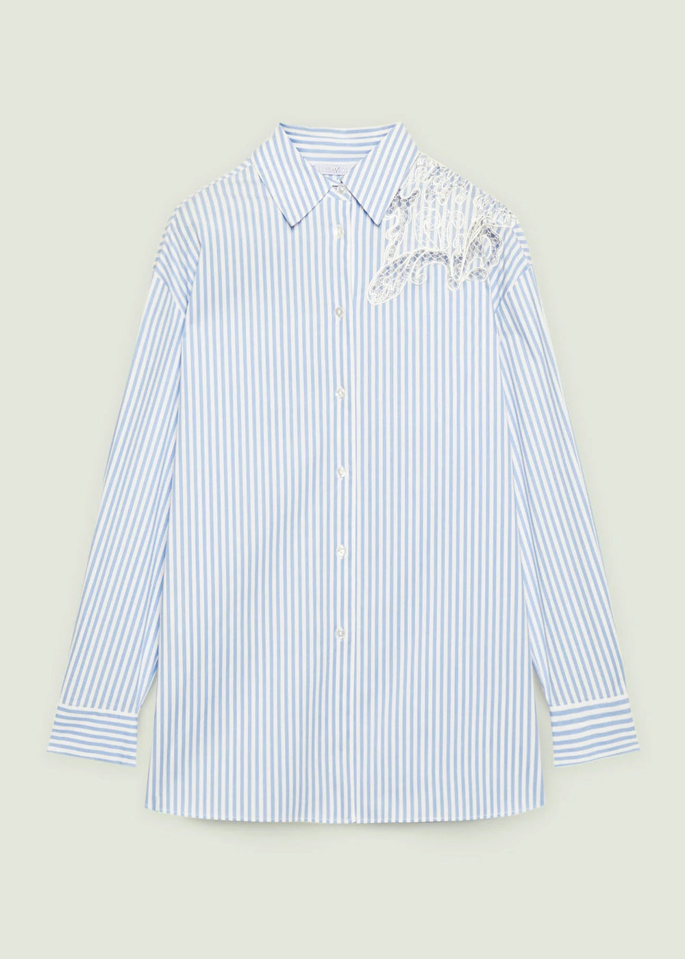 front view of plus size Luisa Viola Striped Shirt with Embroidery detail in Blue/Wht