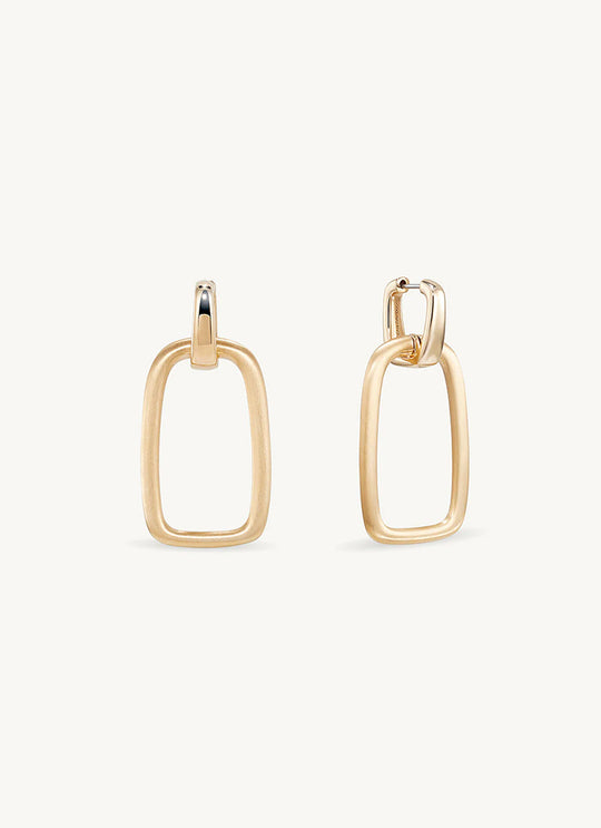 Gold drop hoop earrings with polished oval clasp and matte rectangular open frame pendant