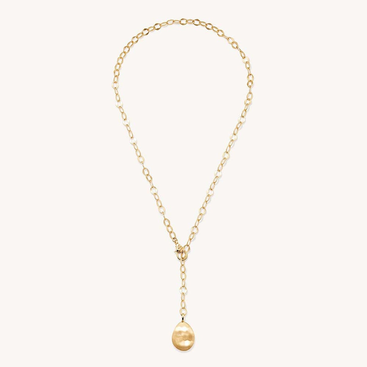 Gold lariat necklace with oval drop pendant and linked chain