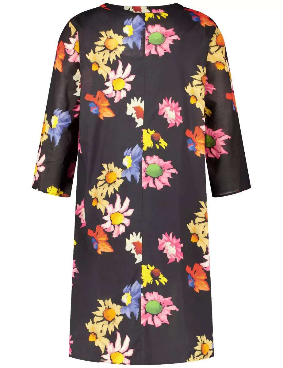 Samoon Floral Cotton Voile split neck dress in Black print