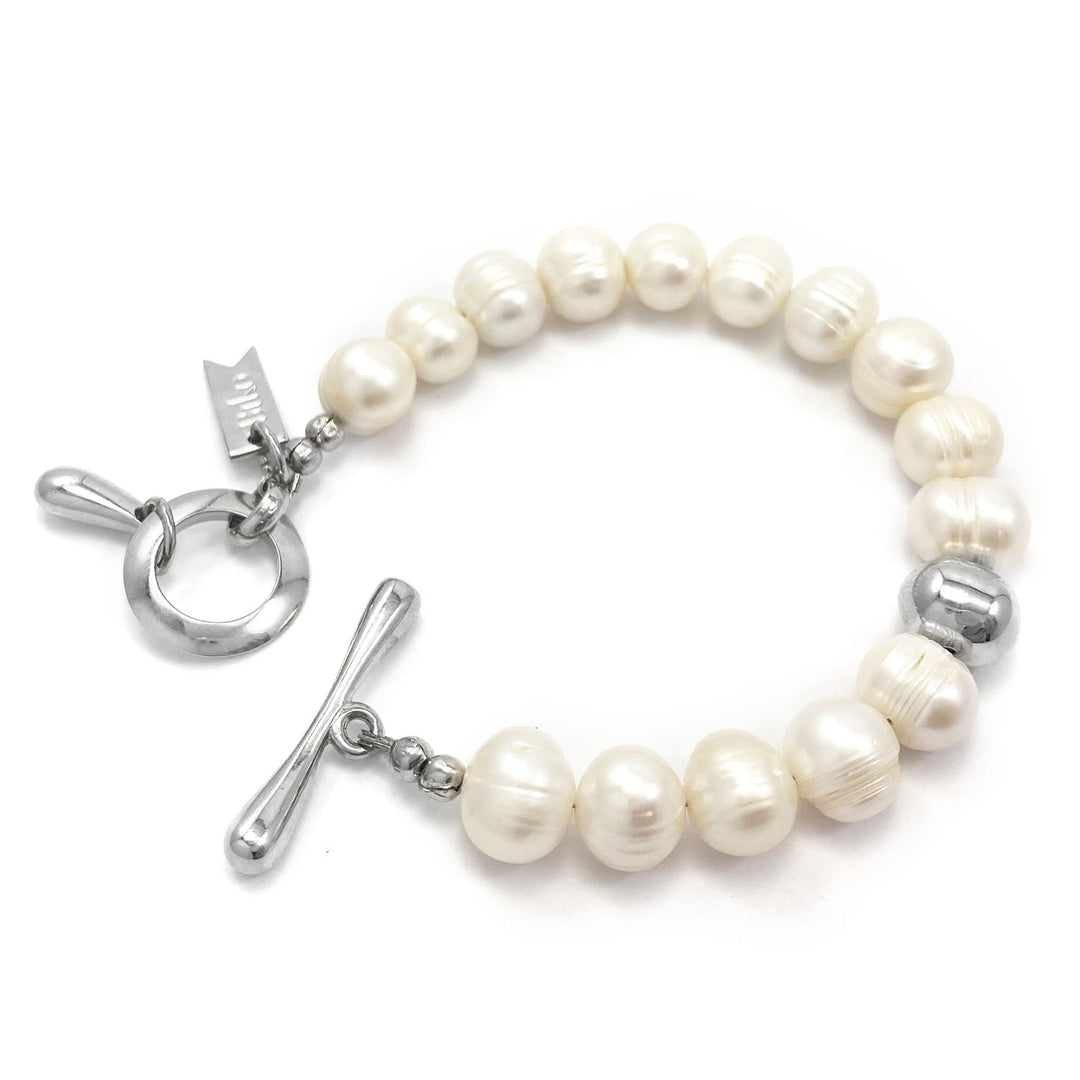 Silver pearl charm bracelet with toggle clasp and mixed pearl beads