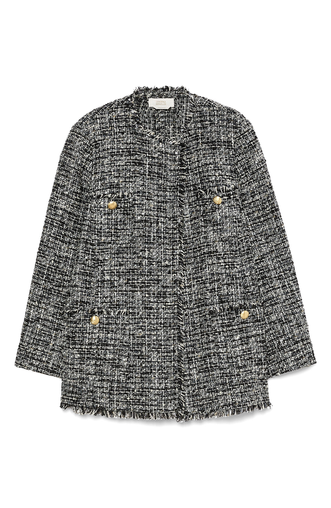 Black and white tweed boucle jacket with gold buttons, frayed edges, flatlay view