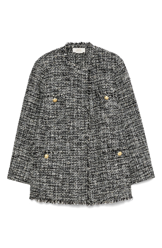 Black and white tweed boucle jacket with gold buttons, frayed edges, flatlay view