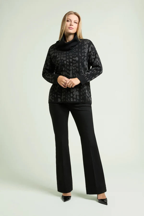 Black jacquard long-sleeve animal print top with detachable high neck collar