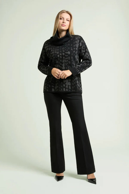Black jacquard long-sleeve animal print top with detachable high neck collar
