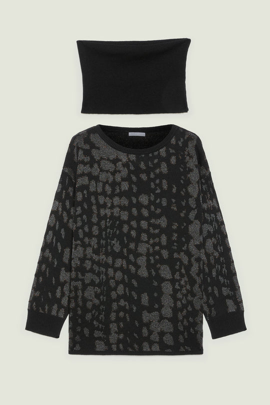 Long-sleeve jacquard animal-print top with crew neck, dark gray and black