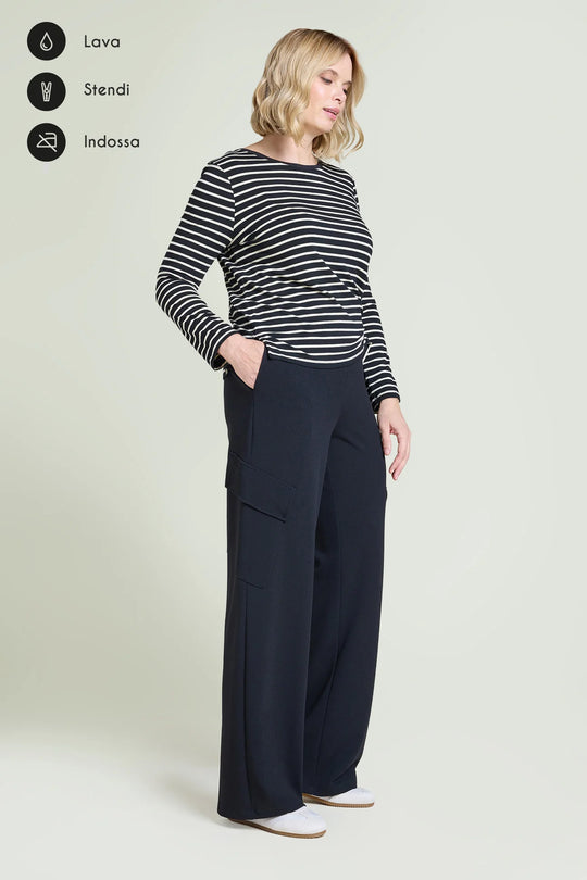 Black wide-leg cargo pants with side flap pockets, full-length on model