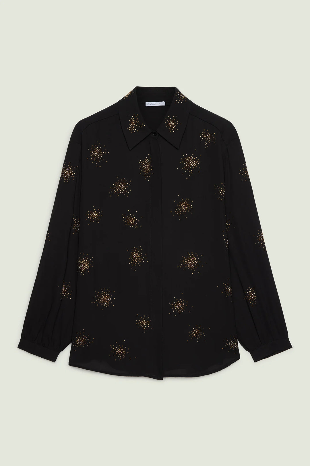 Black long-sleeve button-up blouse with starburst beading detail