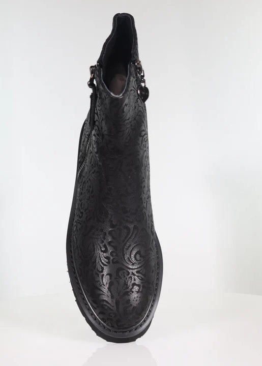 top view of Minx Emerson Black Floral Embossed Boot with Side Zippers
