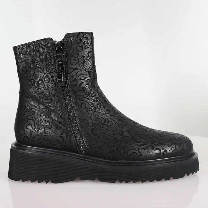 side vew of Minx Emerson Black Floral Embossed Boot with Side Zippers