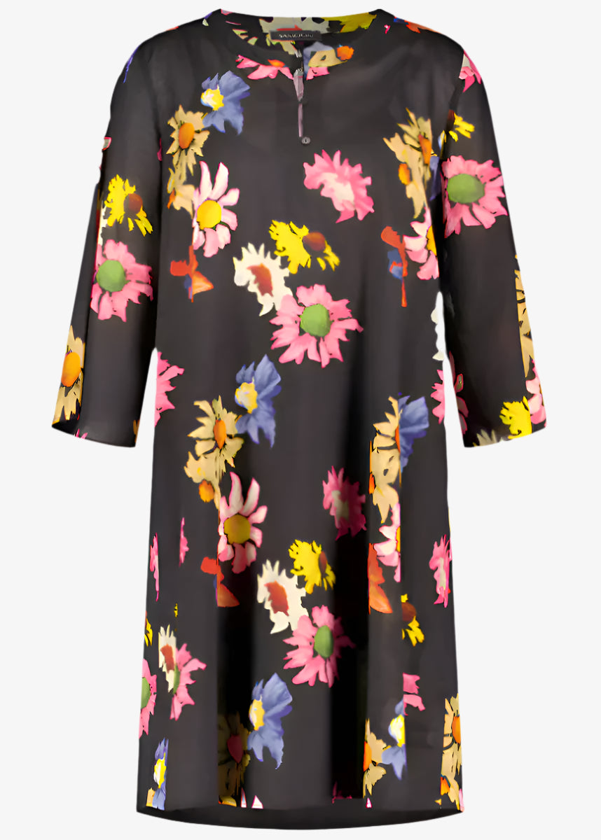 Samoon Floral Cotton Voile split neck dress in Black print