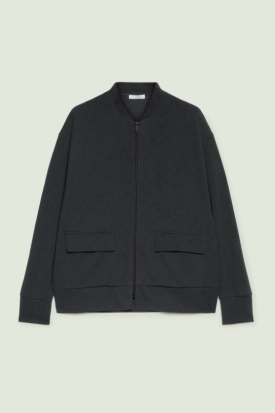 Black scuba twill zip jacket with two front pockets, flat lay