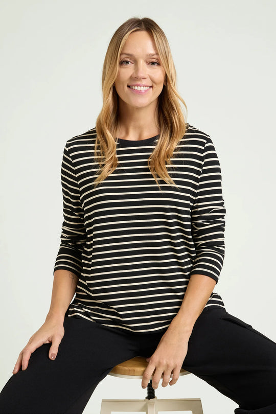 Black and milky striped long sleeve jersey tee with relaxed crew neck