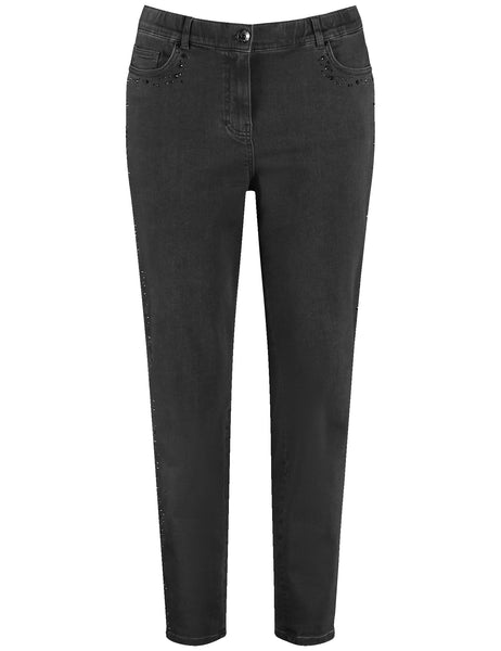 Samoon Stretch Slim Leg Betty Raw Black Denim Jean with Beads