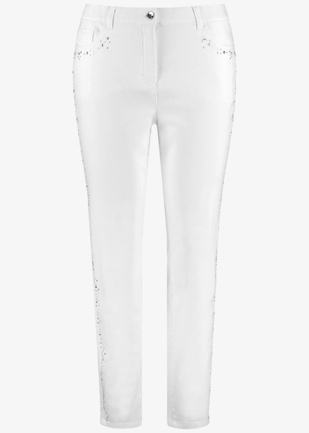 front view of plus size Samoon Stretch Slim Leg Betty Jean with embellished sides in White